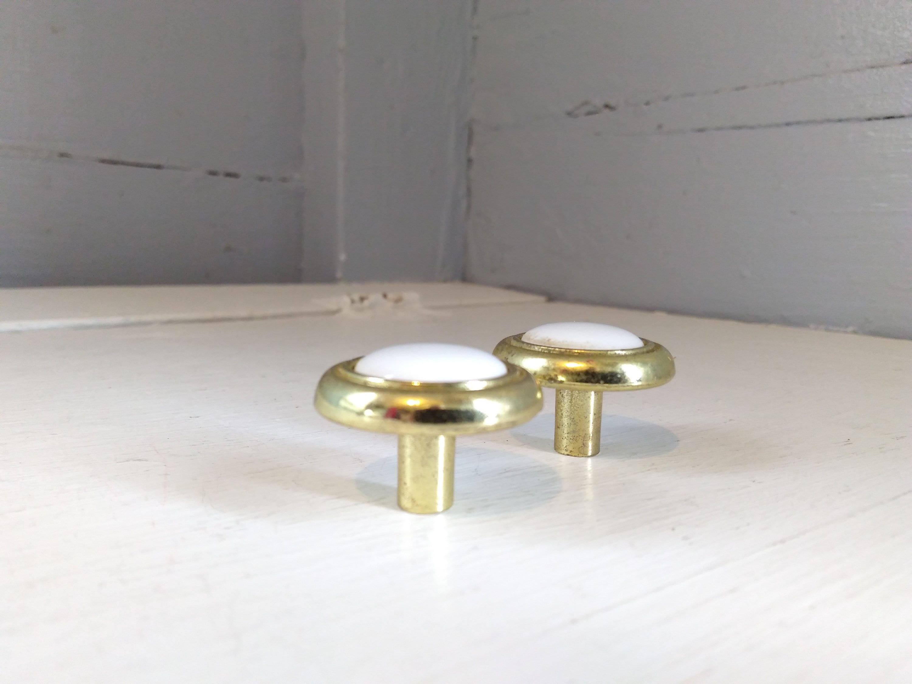 Vintage Round Brass Color Knobs with White Porcelain Center