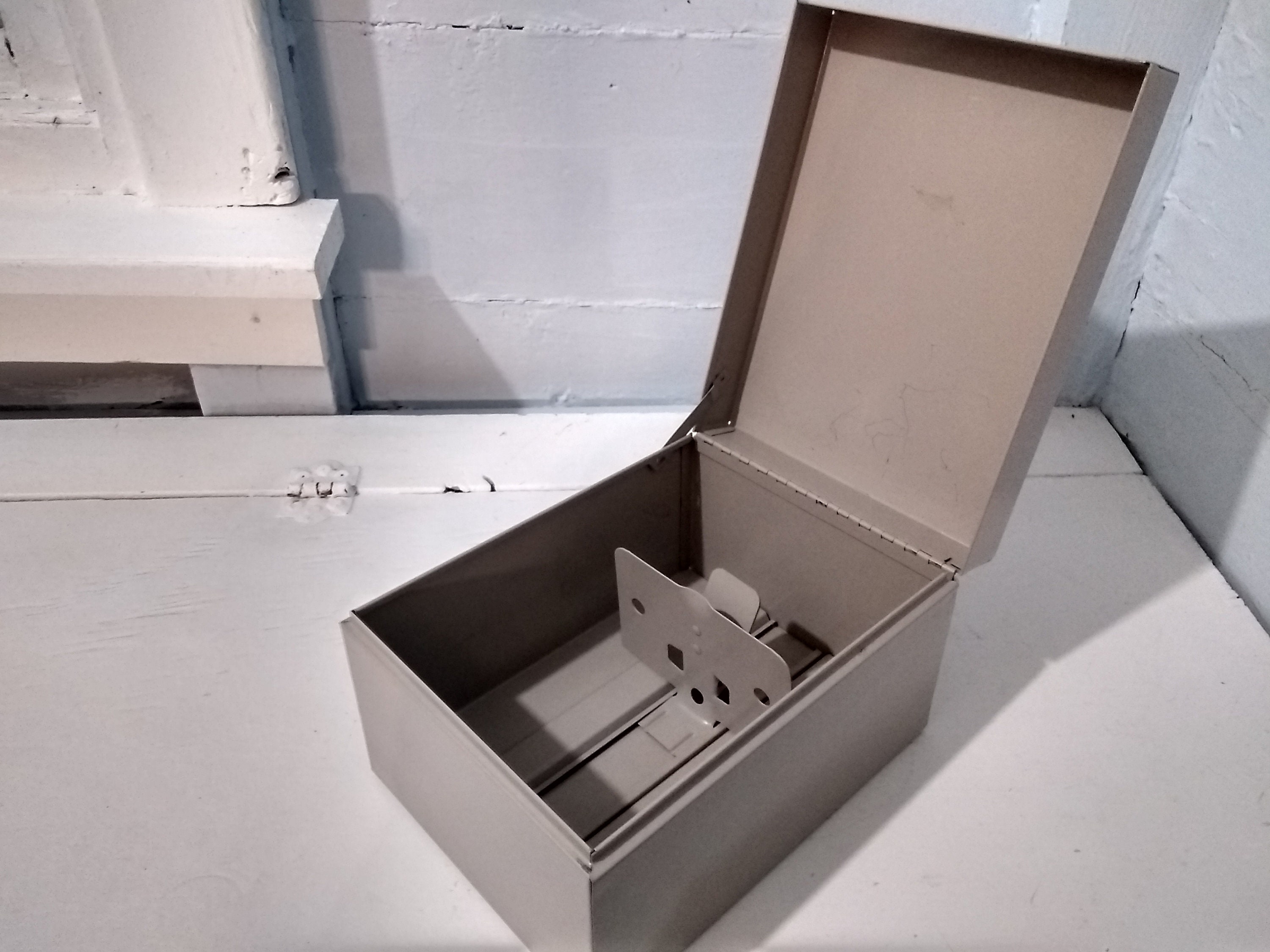 index-card-file-box-metal-4x6-vintage-recipe-box-storage-box-home-office-industrial-midcentury