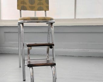 50s Kitchen Chair Fold Out Step Stool Combo Upholstered Chrome Finish RhymeswithDaughter