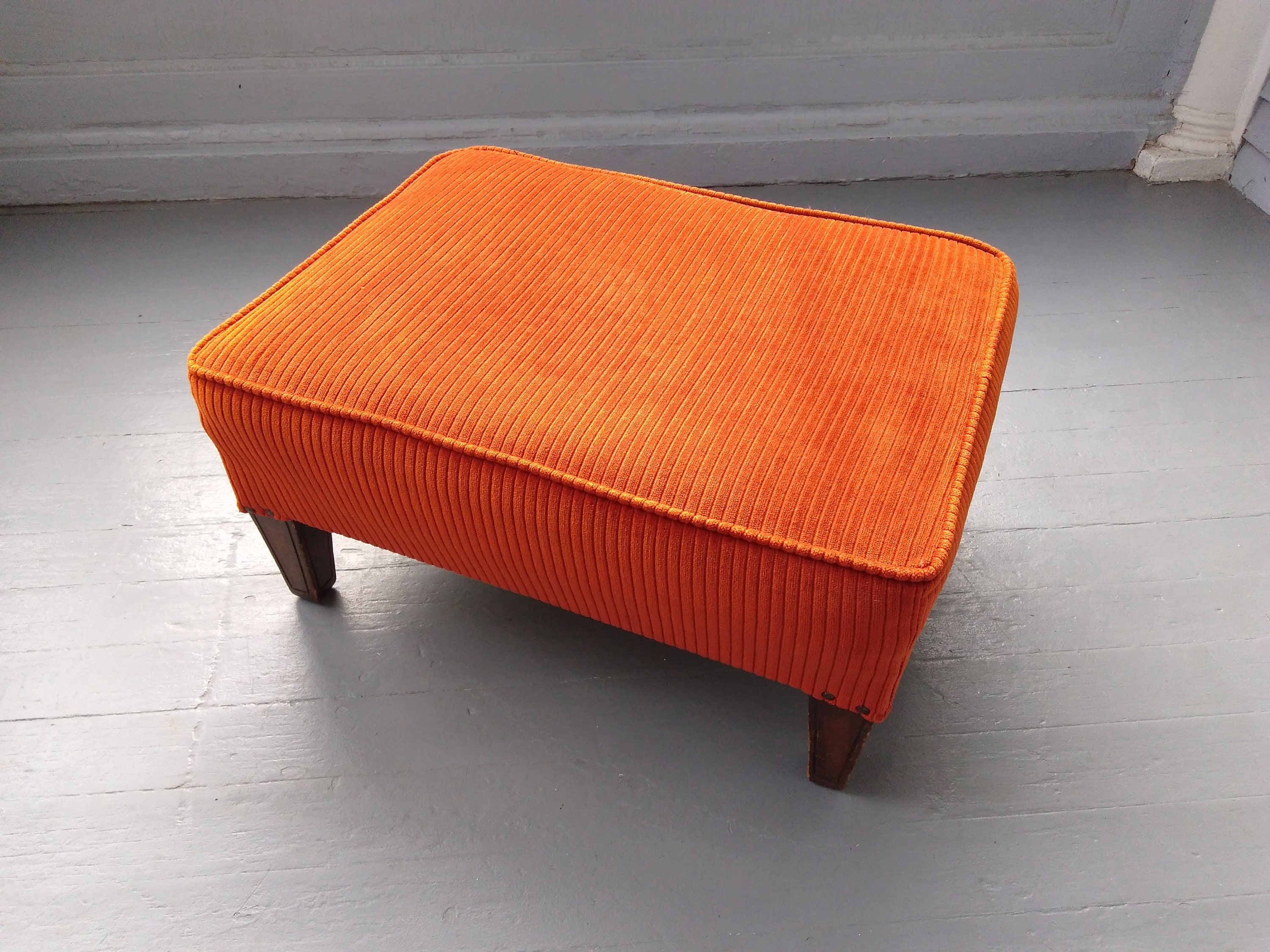 Ottoman Footstool MidCentury Rectangular Upholstered Orange Wood Legs