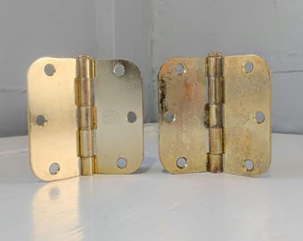 3 1/2" Door Hinges, Hinges, Heavy, Metal, Rounded Corner, Brass Color Finish, Salvage, Lot of 2, RhymeswithDaughter