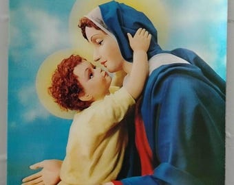 Vintage 3D Religious Portrait Virgin Mary and Child Jesus Holographic Art  Retro Catholic Devotional Print Collectible
