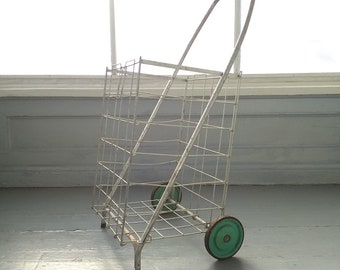 Vintage Folding Wire Grocery Cart Two Wheel Shopping Cart Market Basket Laundry Basket Display Basket Photo Prop RhymeswithDaughter