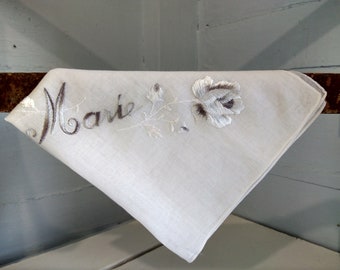 Handkerchief Womens Embroidered Marie Vintage Square 14" x 13 1/2" White Gray Silver Floral Cotton  RhymeswithDaughter