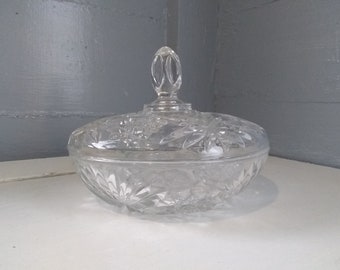 Fancy Cut Glass Covered Candy Dish Glass Prescut Anchor Hocking Star and Fan Round Photo Prop Dining Entertaining RhymeswithDaughter