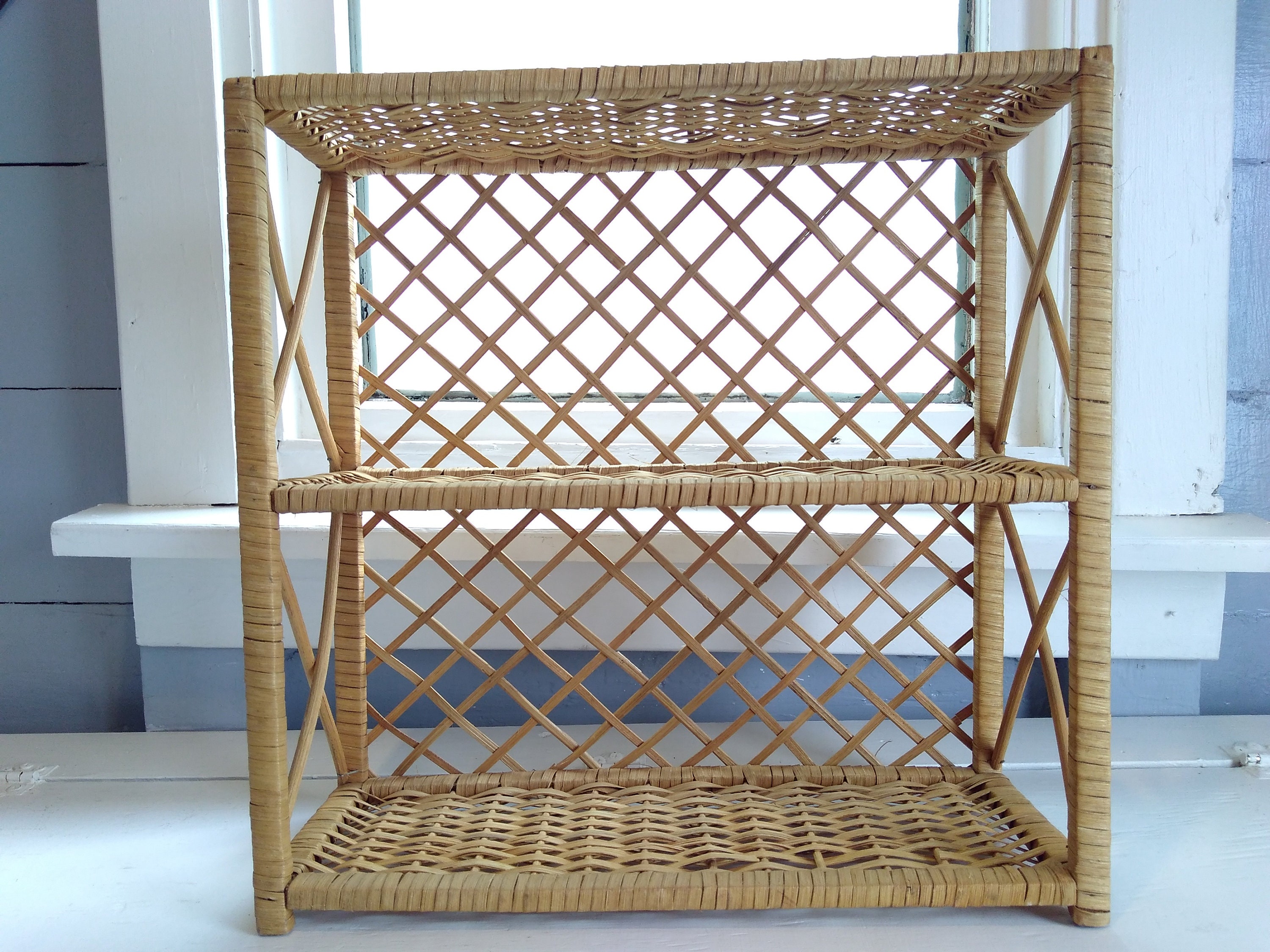 Vintage, Boho, Wicker, Shelves, Shelf Unit, Two Tier, Display Shelves