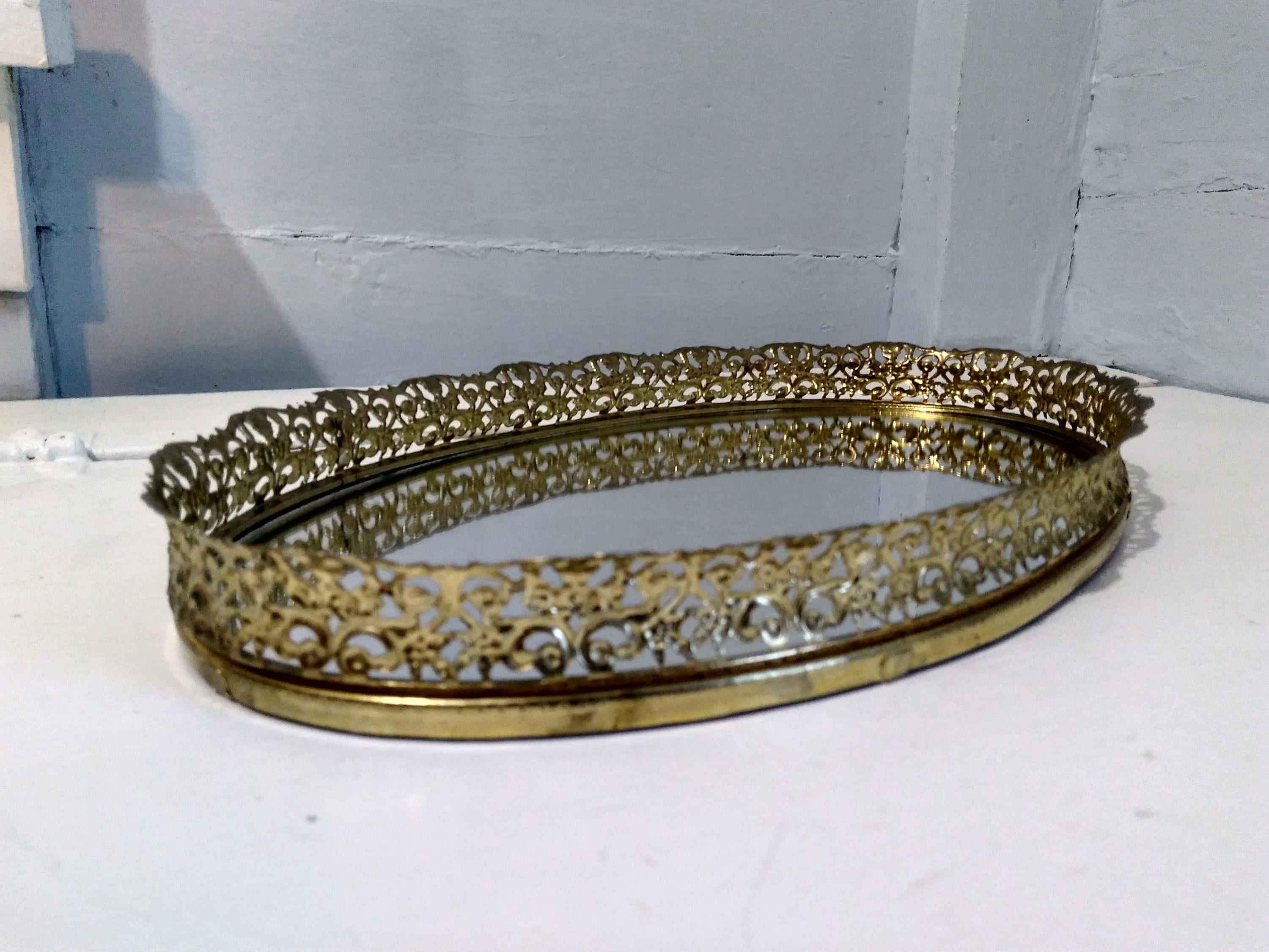 Vintage Vanity Mirror Tray Perfume Tray Gold Oval Filigree MidCentury