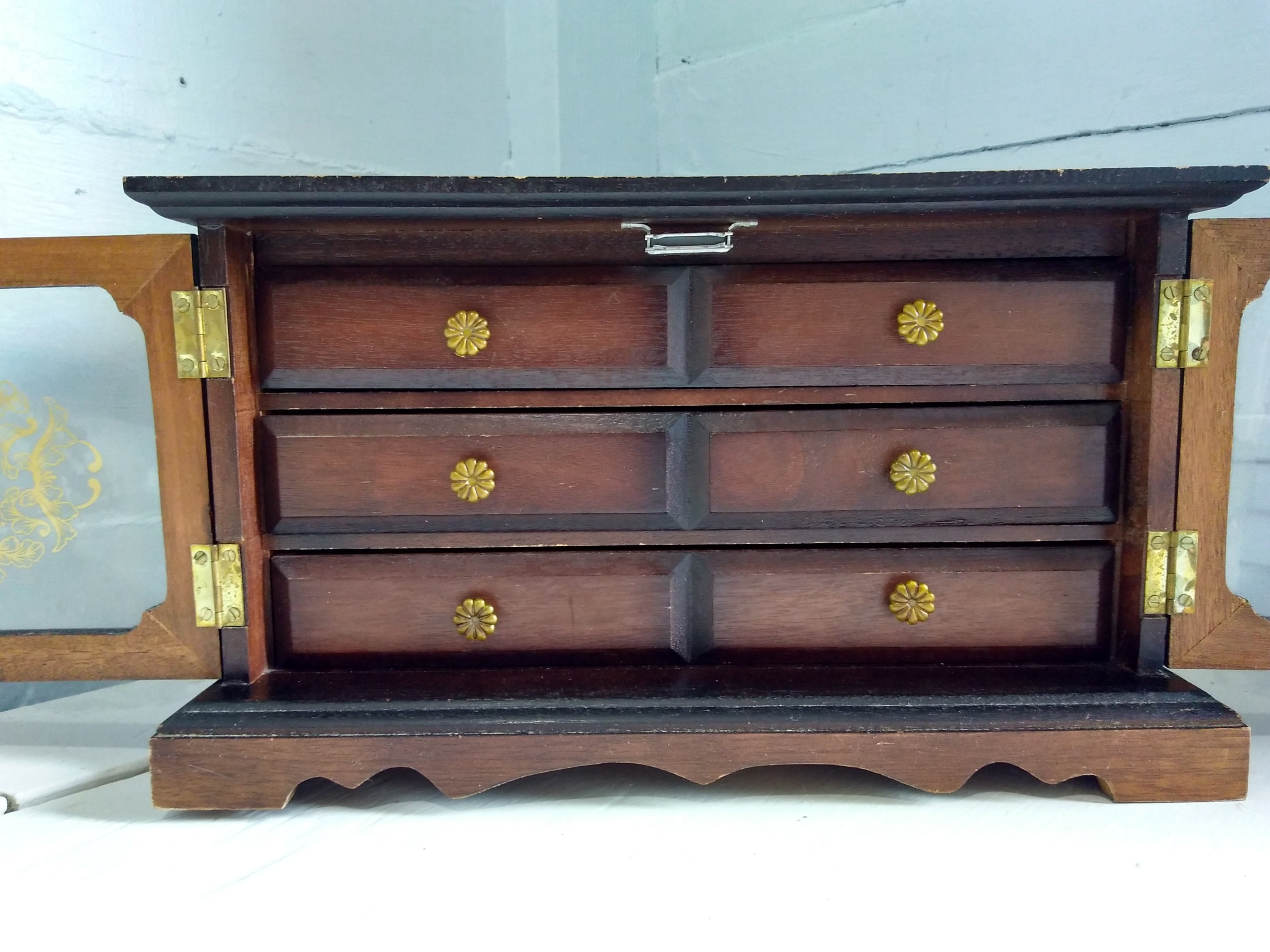 Vintage Jewelry Box Large Wood with Doors and Drawers For Her Gift Idea