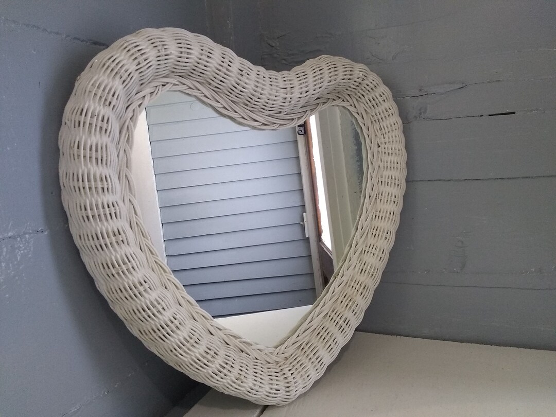 Large Wicker Heart Wall Mirror Large White Vintage Home Decor Etsy