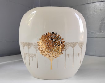Vintage 1980s Otagiri Golden Mist Pillow Vase - Porcelain Oval Vase with Gilded Gold Tree Motif - MCM Boho Home Decor, RhymeswithDaughter