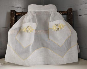 Vintage 50s Sheer Cotton Apron Kitchen Waist Apron Pockets White with Pretty Yellow and Green Floral Accents/Applique RhymeswithDaughter