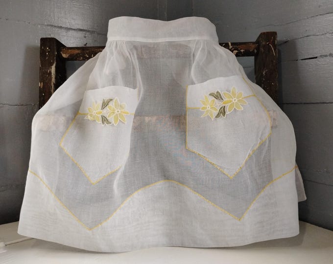 Featured listing image: Vintage 50s Sheer Cotton Apron Kitchen Waist Apron Pockets White with Pretty Yellow and Green Floral Accents/Applique RhymeswithDaughter