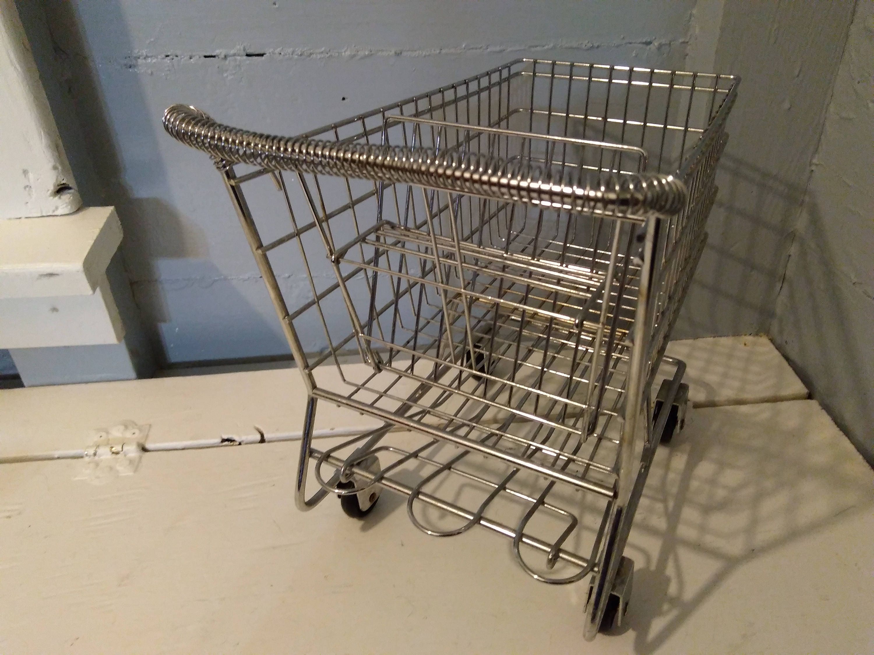 Vintage 50s Miniature Shopping Cart Metal Rolling Chrome Color Kitchen