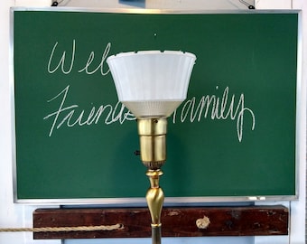 Floor Lamp Rembrandt Vintage Glass and Cloth Shade Torchiere Lamp Lighting 3-Way Mogul Base Metal Brass Finish Photo Prop RhymeswithDaughter