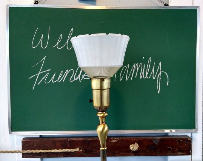 Featured listing image: Vintage Rembrandt Torchiere Floor Lamp: Brass Finish, Glass & Cloth Shade, RhymeswithDaughter