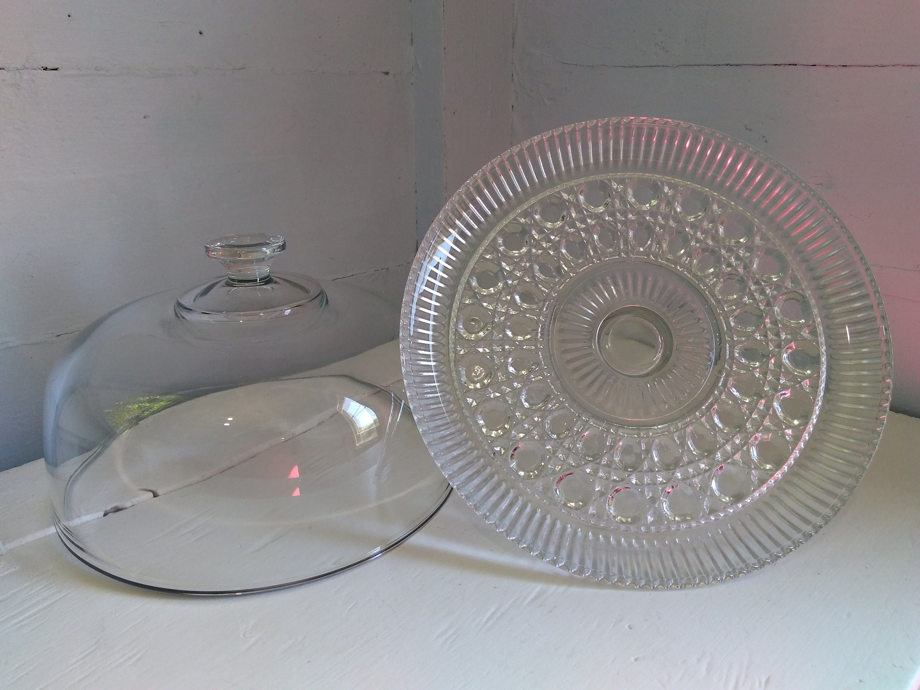 80s Heavy Glass Cake Stand with Dome Lid Dual Punch Bowl Set Upside Down Snowflake Pattern