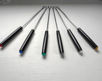 Fondue Forks Set of Six Black Hard Plastic Handles with Colorful Ends Utensils Forks Vintage RhymeswithDaughter