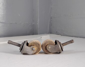 Two Small Vintage Wood Furniture Casters Wheels Hardware with Swivel Bearings RhymeswithDaughter
