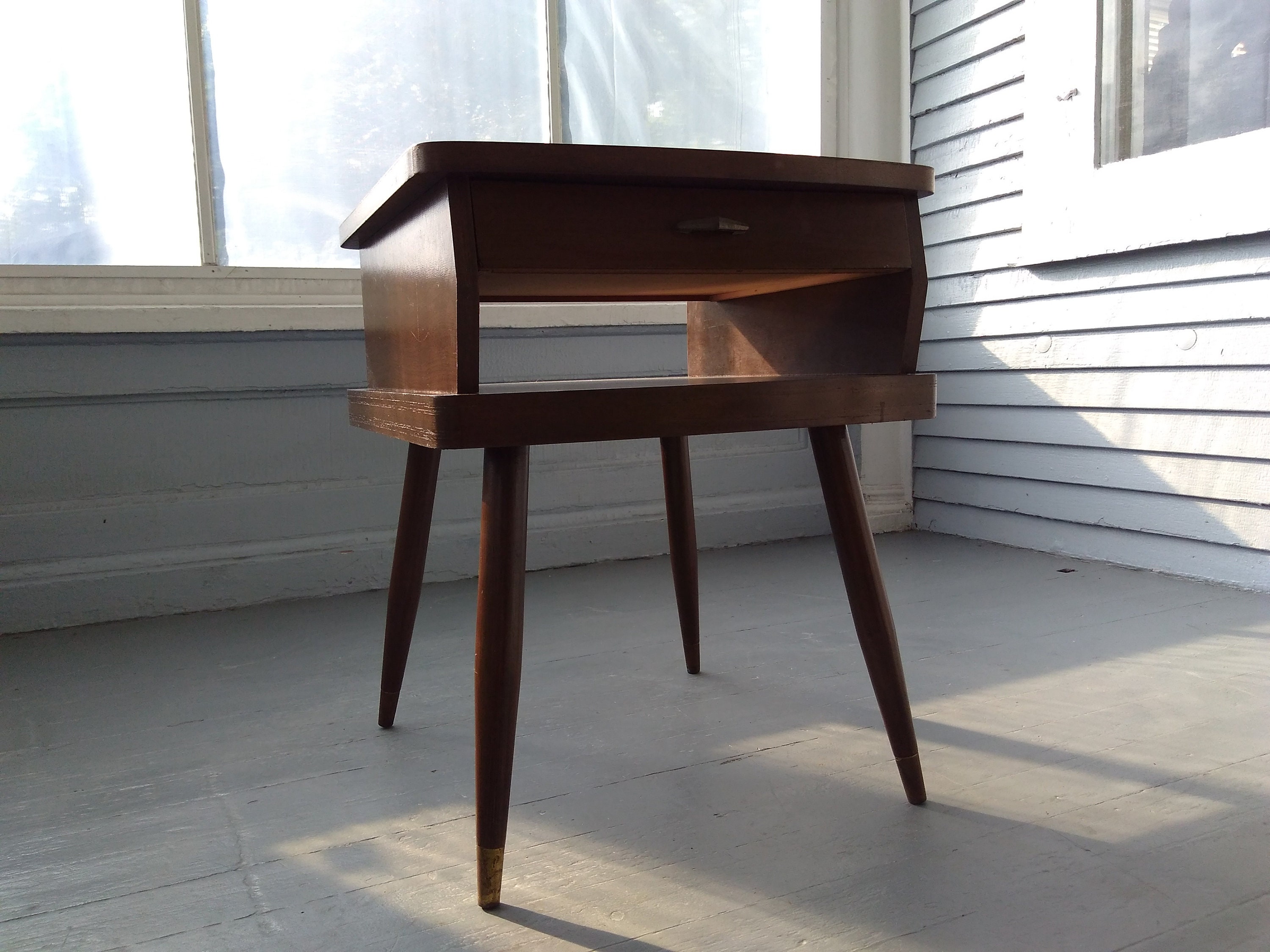 Vintage End Table Side Table Mid Century Atomic Era Wood Rectangle Two