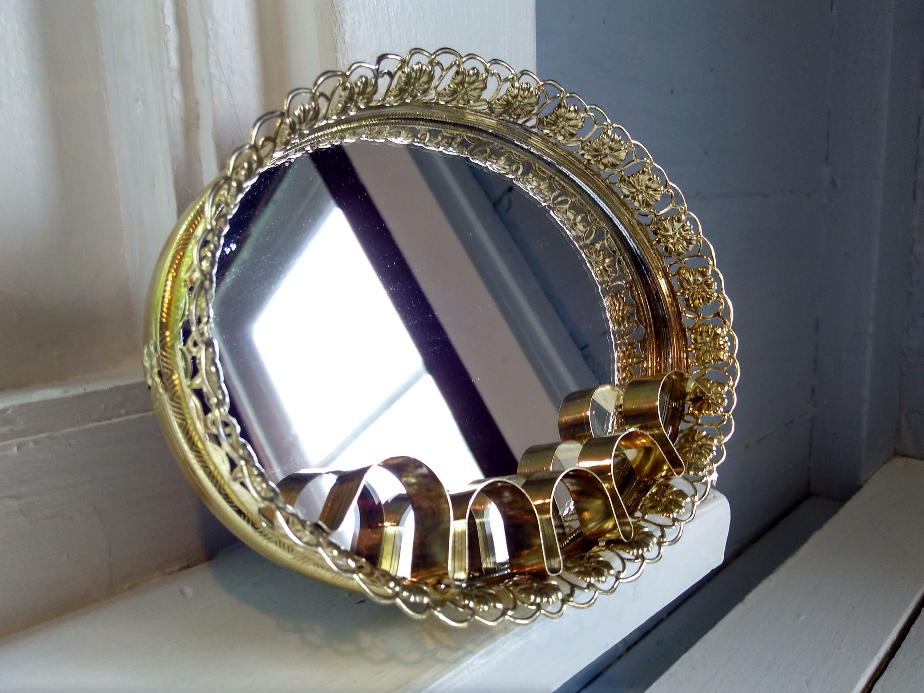 Small Vintage Vanity Mirror Tray with Perfum Bottle Holders Gold Oval