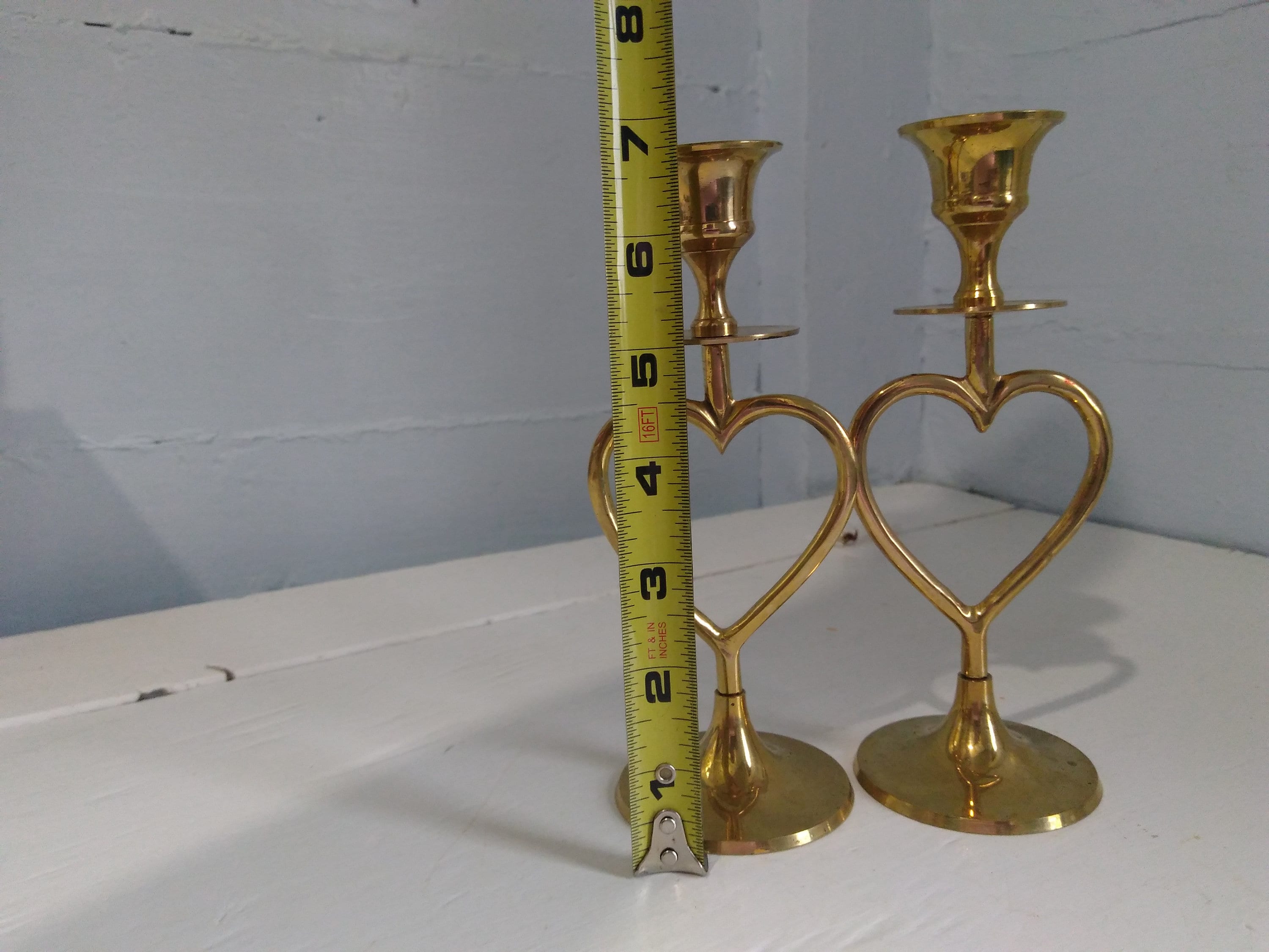 Vintage Heart Shaped Candlestick Holders Brass Tall Round Base Mantel