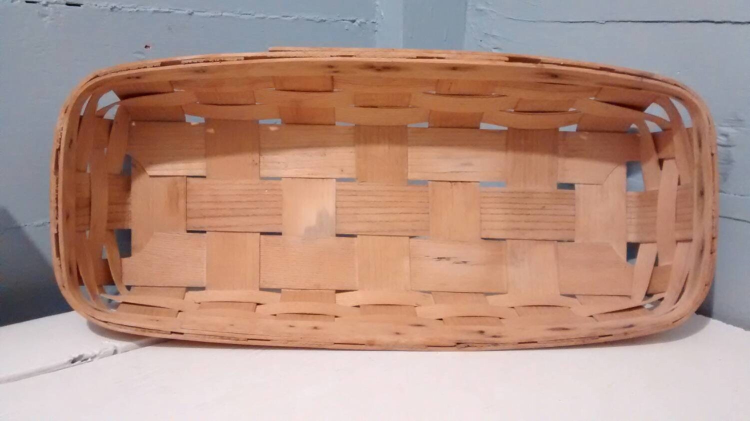 Vintage Woven Wood Basket Long Rectangular Farmhouse Country Kitchen