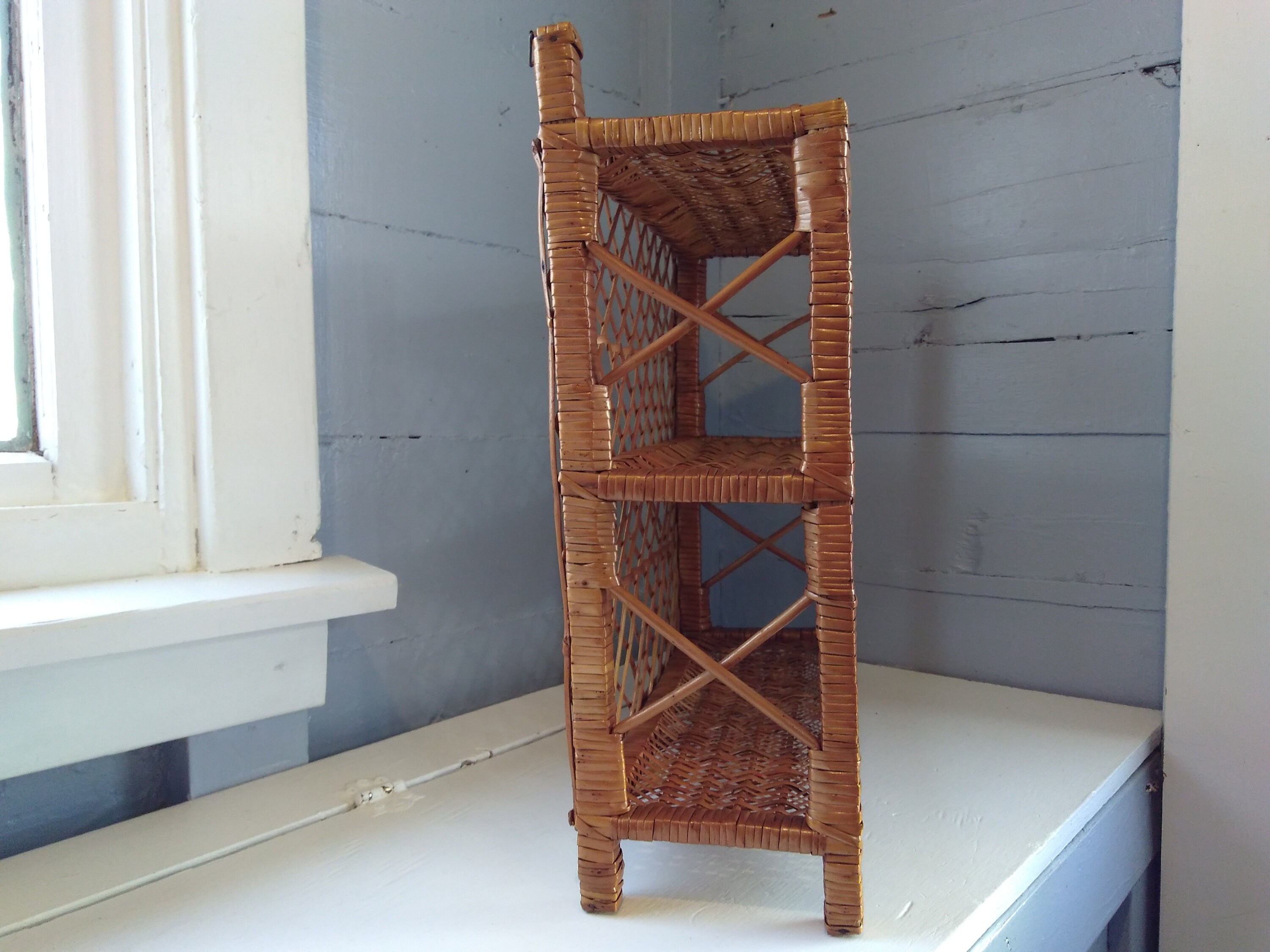Vintage, Boho, Wicker, Shelves, Shelf Unit, Two Tier, Display Shelves