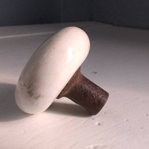 May include: A white ceramic door knob with a rusty metal base. The knob is shaped like a mushroom.