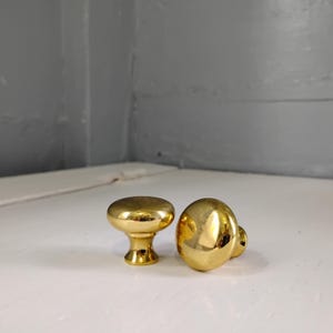 May include: Two shiny, gold-colored cabinet knobs. One knob is a rounded oval shape, and the other is a mushroom-shaped knob. The knobs are made of metal and reflect light. They are likely used for furniture or cabinetry.