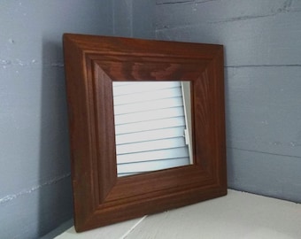 Vintage Chunky Wood Square Wall Mirror, Walnut Finish Mid Century Accent Mirror, Small Rustic Farmhouse Wooden Frame Mirror for Entryway