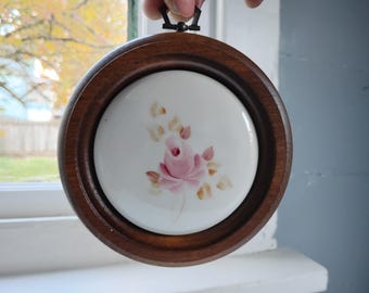 Wall Decor Framed Round Rose Tile Vintage Wall Hanging Farmhouse Country Decor Bedroom Decor Made by Lasting Products RhymeswithDaughter