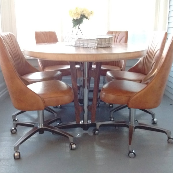 Retro, Dining Set, Table and Chairs, 70s, Chromecraft, Pedestal Table, Metal, Oval Table, Rolling Chairs, Vinyl Chairs, RhymeswithDaughter