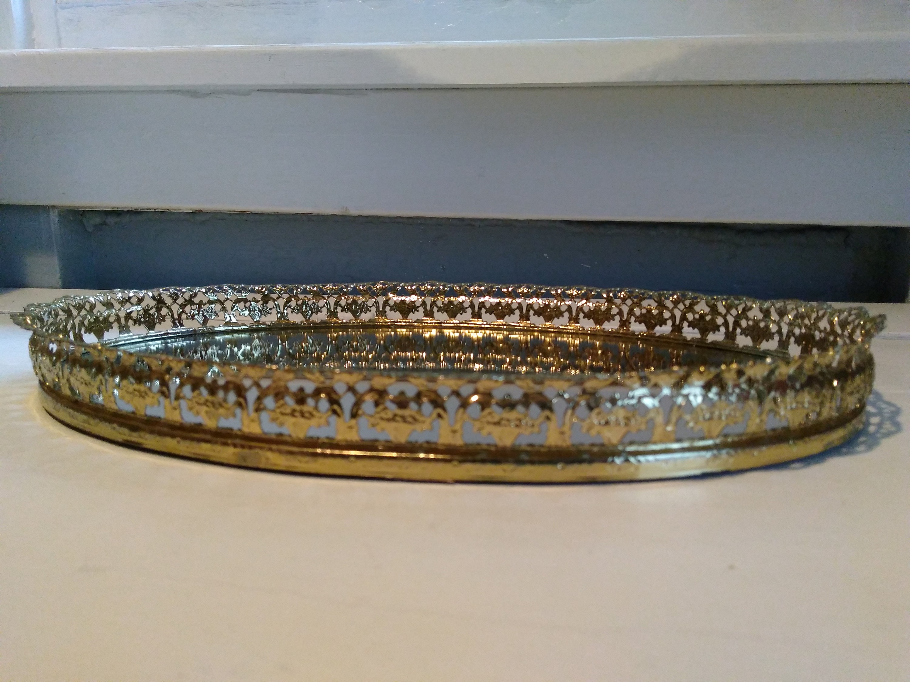 Vintage Vanity Mirror Tray Perfume Tray Gold Oval Filigree MidCentury