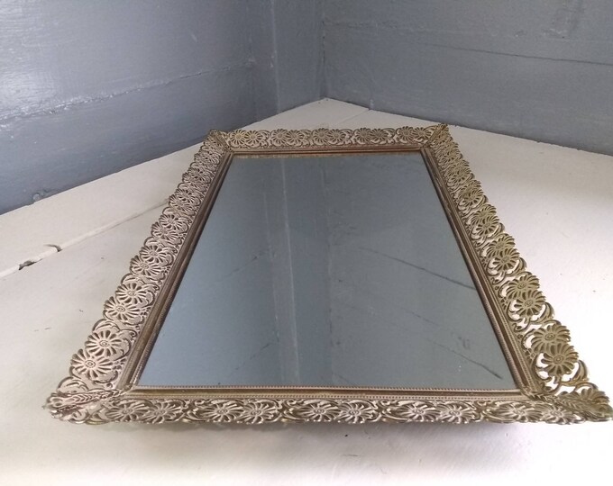 Featured listing image: Vintage, Mirror, Vanity, Tray, Perfume Tray, Metal, Decorative, Rectangular Copper/White, MidCentury, Hollywood Regency, RhymeswithDaughter