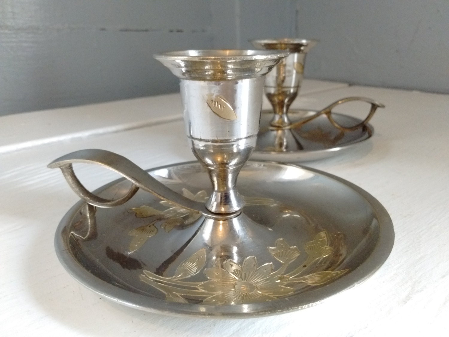 Vintage, Candle Holder, Candlestick Holders, Pair, Silver and Brass
