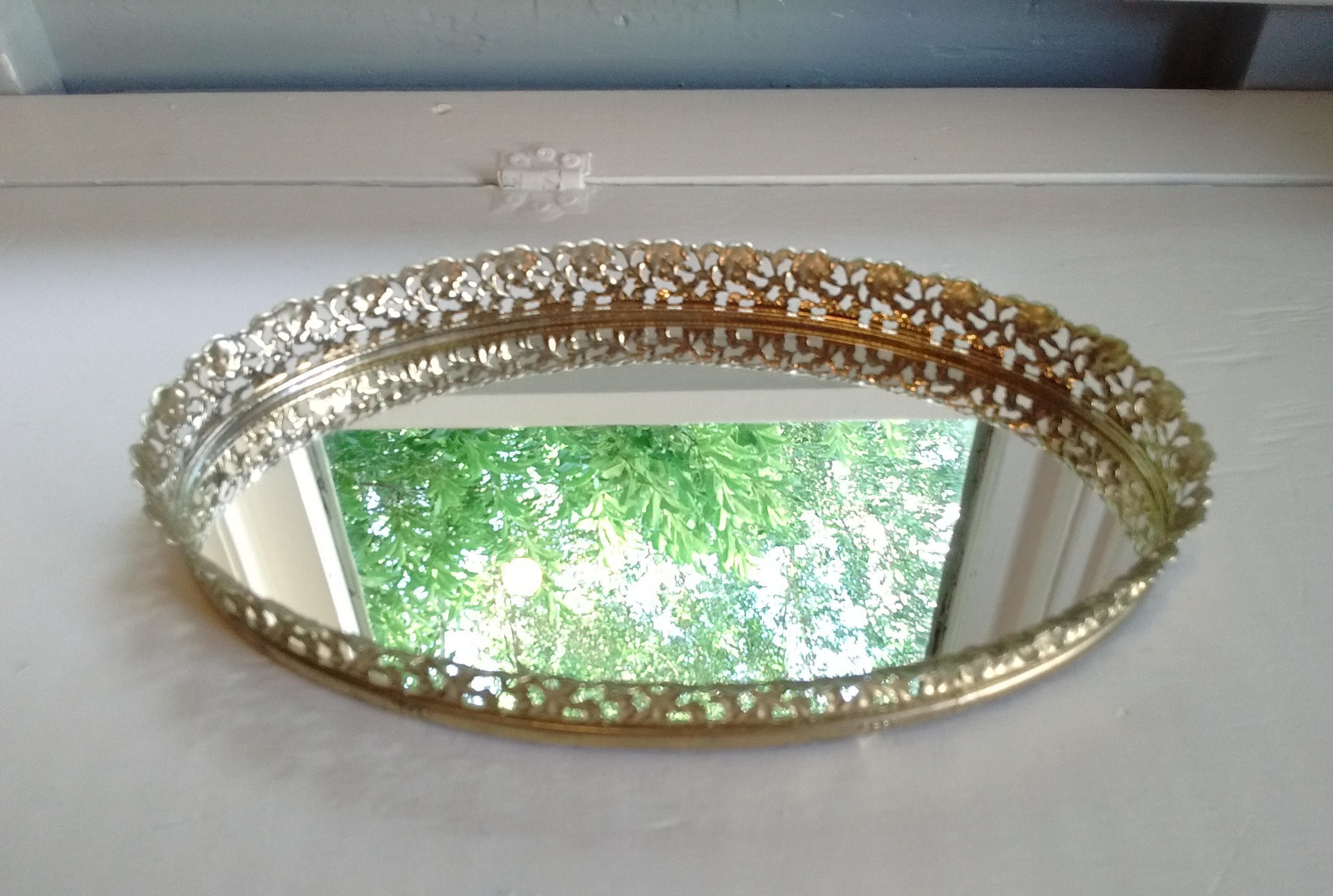 Sale, Vintage, Mirror, Tray, Vanity Mirror, Gold, Oval, Filigree, Mid Century Modern, Bathroom