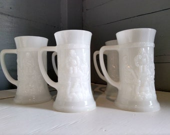 Mugs Beer Steins Vintage White 3D Picture Mugs Glass Collectors Mugs Display Mugs Gift Set of Five Barware Photo Prop RhymeswithDaughter