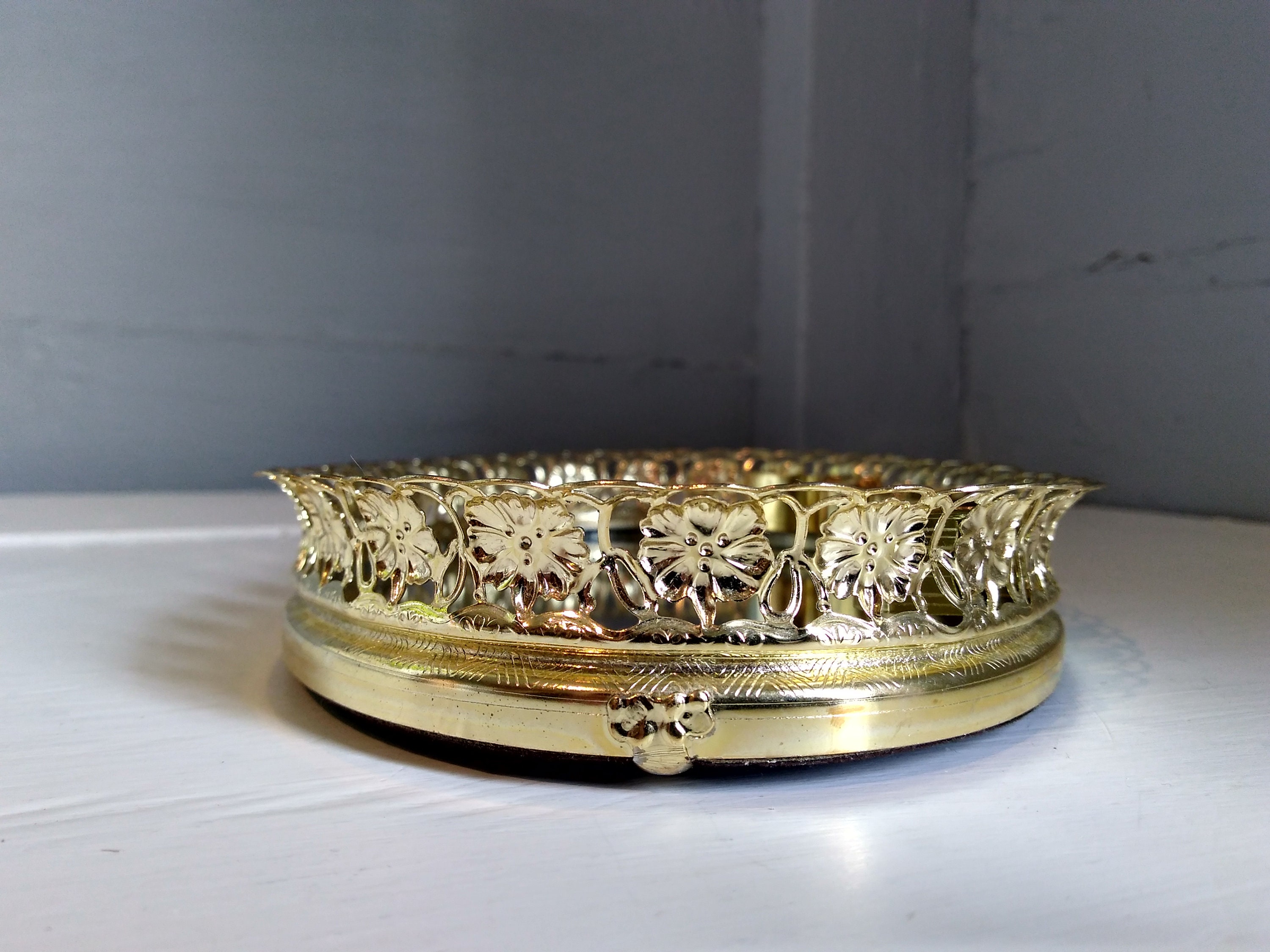 Small Vintage Vanity Mirror Tray with Perfum Bottle Holders Gold Oval
