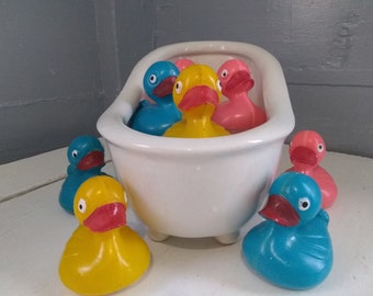 Vintage Kitschy Hard Plastic Ducks Floating Bathtub Bathroom Kids room Nursery Decor Old Toys Pink Blue and Yellow RhymeswithDaughter