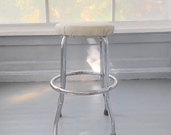 Vintage Round Bar Stool Shop Stool Swiveling Metal Chrome Vinyl Upholstered Mid Century Modern Furniture RhymeswithDaughter