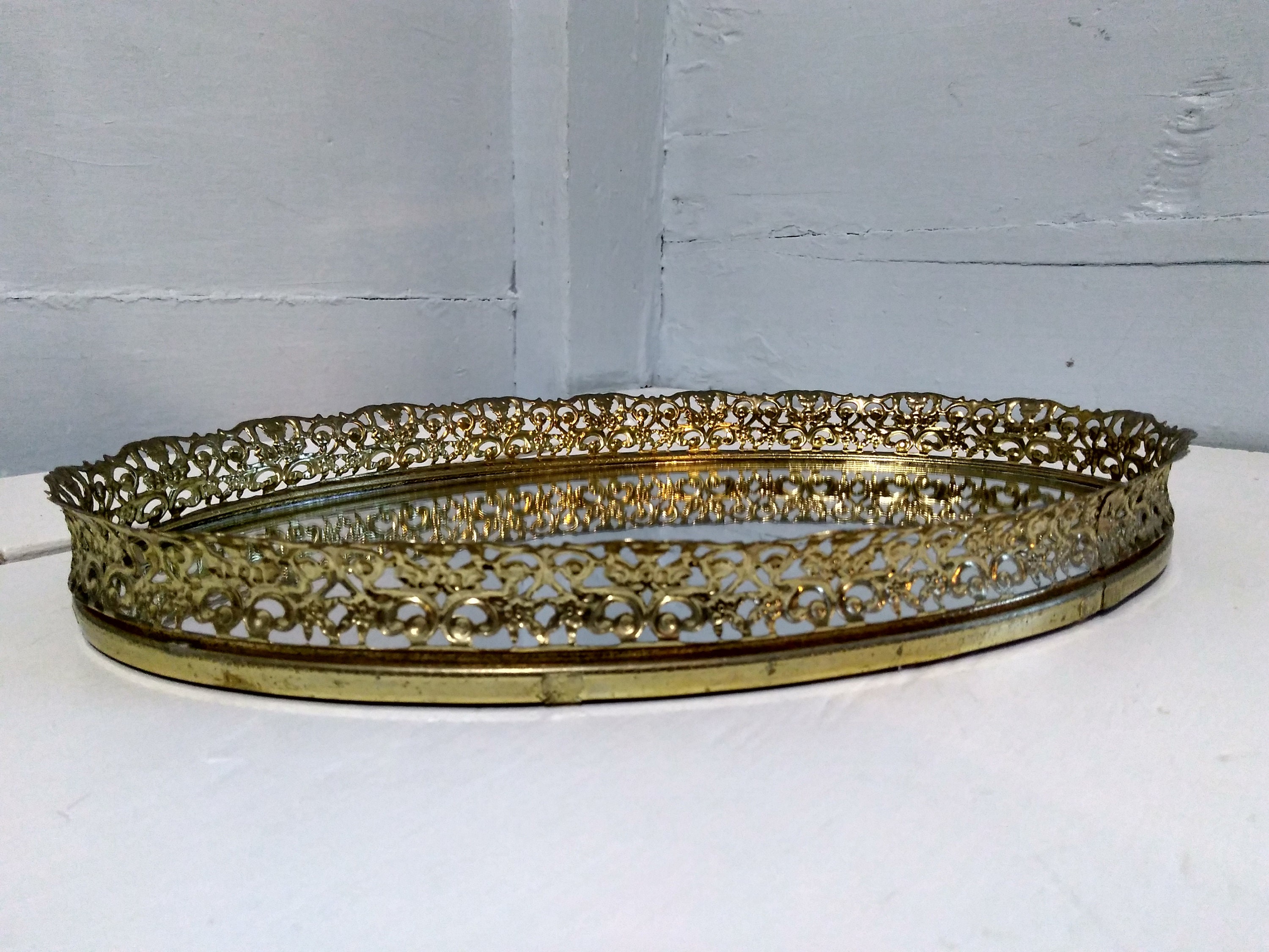Vintage Vanity Mirror Tray Perfume Tray Gold Oval Filigree MidCentury