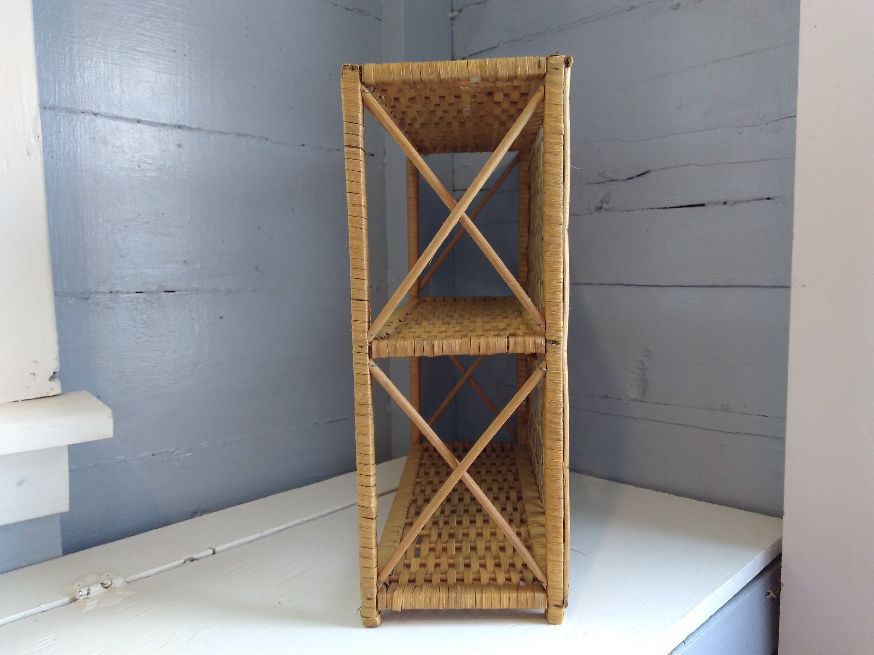 Vintage, Boho, Wicker, Shelves, Shelf Unit, Two Tier, Display Shelves