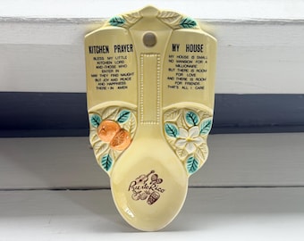 Vintage Puerto Rico Ceramic Spoon Rest Wall Hanging, Mid Century Kitchen Prayer Decor