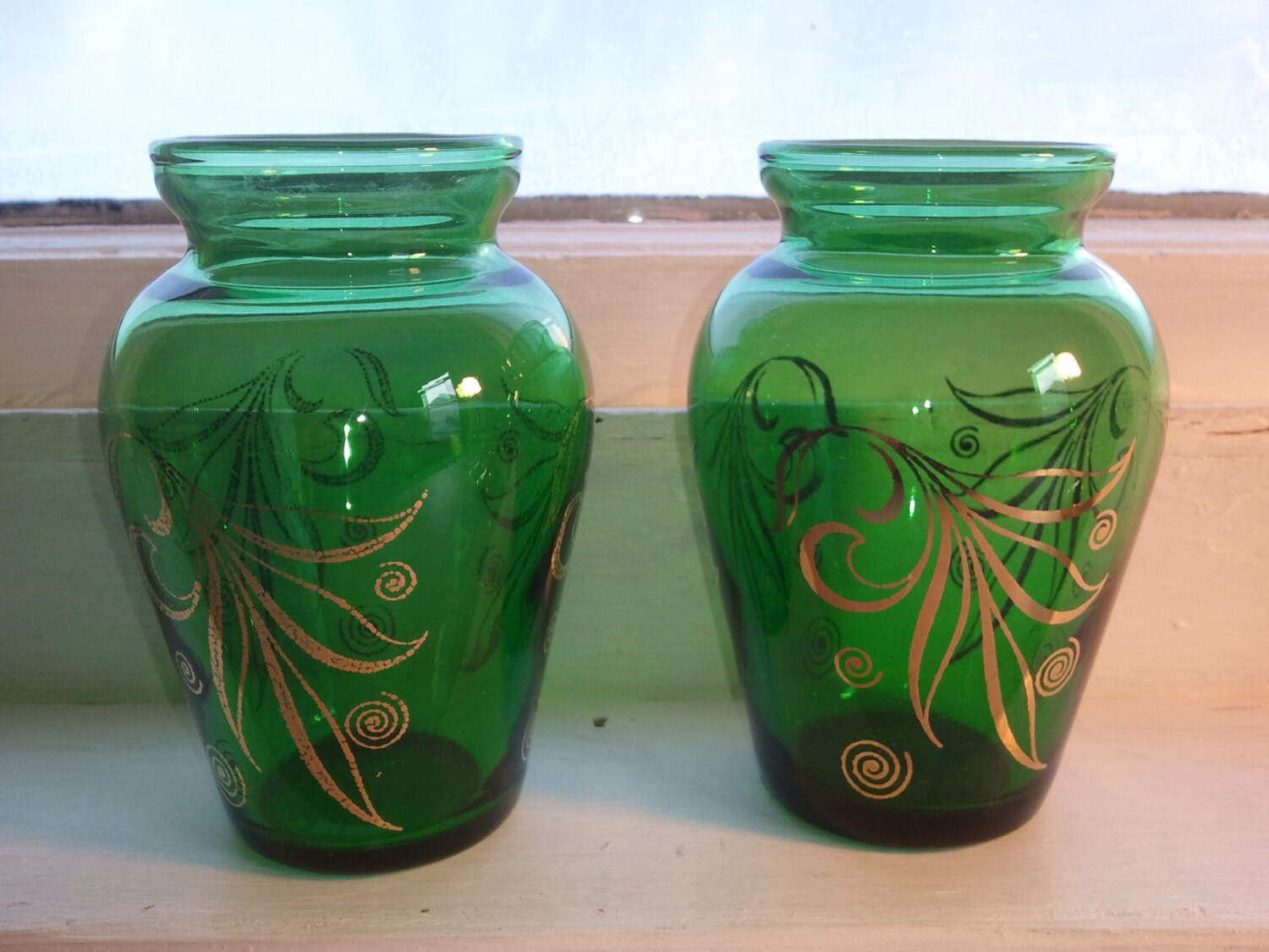 Vintage, Vase, Green, Glass, Gold, Mid Century Modern, Small, Pair