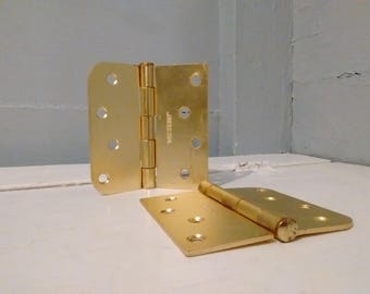 Door Hinges 4 Inch Heavy Metal Rounded and Square Edge Combo Brass Color Finish Salvage Hardware RhymeswithDaughter