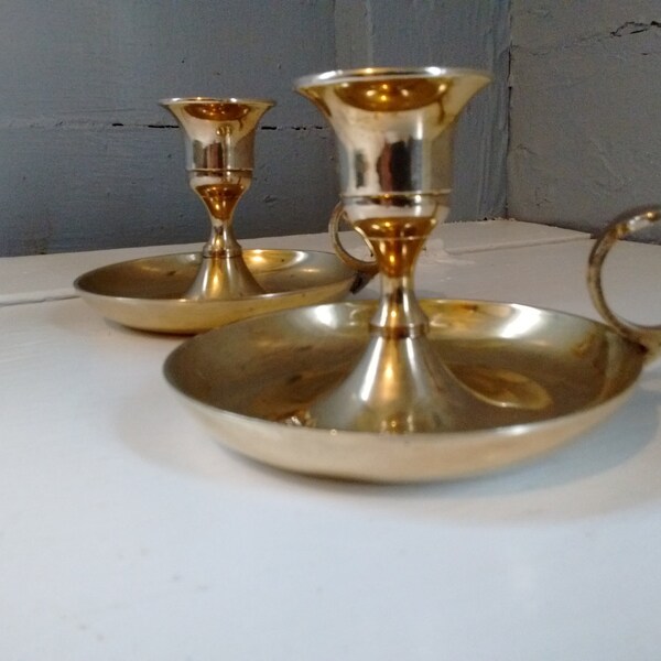 Candlestick Holders, Pair, Brass, Portable, Finger Loop, Emergency Candle Holders, Vintage