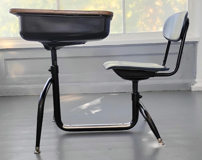 Featured listing image: Vintage Mid Century Kids Desk and Chair: Atomic Era Laminate Top, RhymeswithDaughter