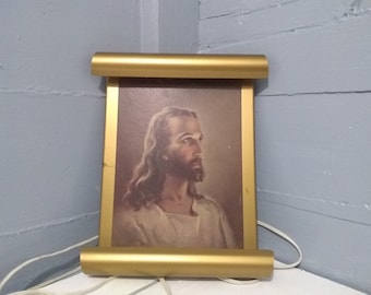 Vintage Portrait of Jesus on Brasstone Metal Scroll Frame Lighted Religious Wall Art Photo Prop RhymeswithDaughter