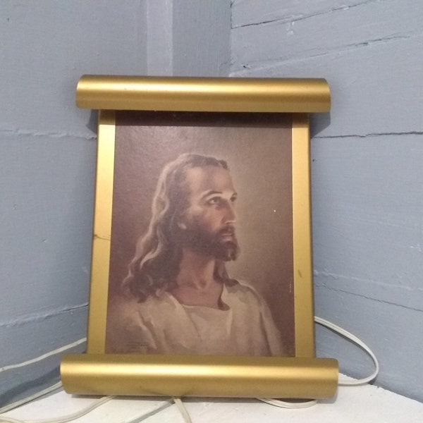 Vintage Portrait of Jesus on Brasstone Metal Scroll Frame Lighted Religious Wall Art Photo Prop RhymeswithDaughter