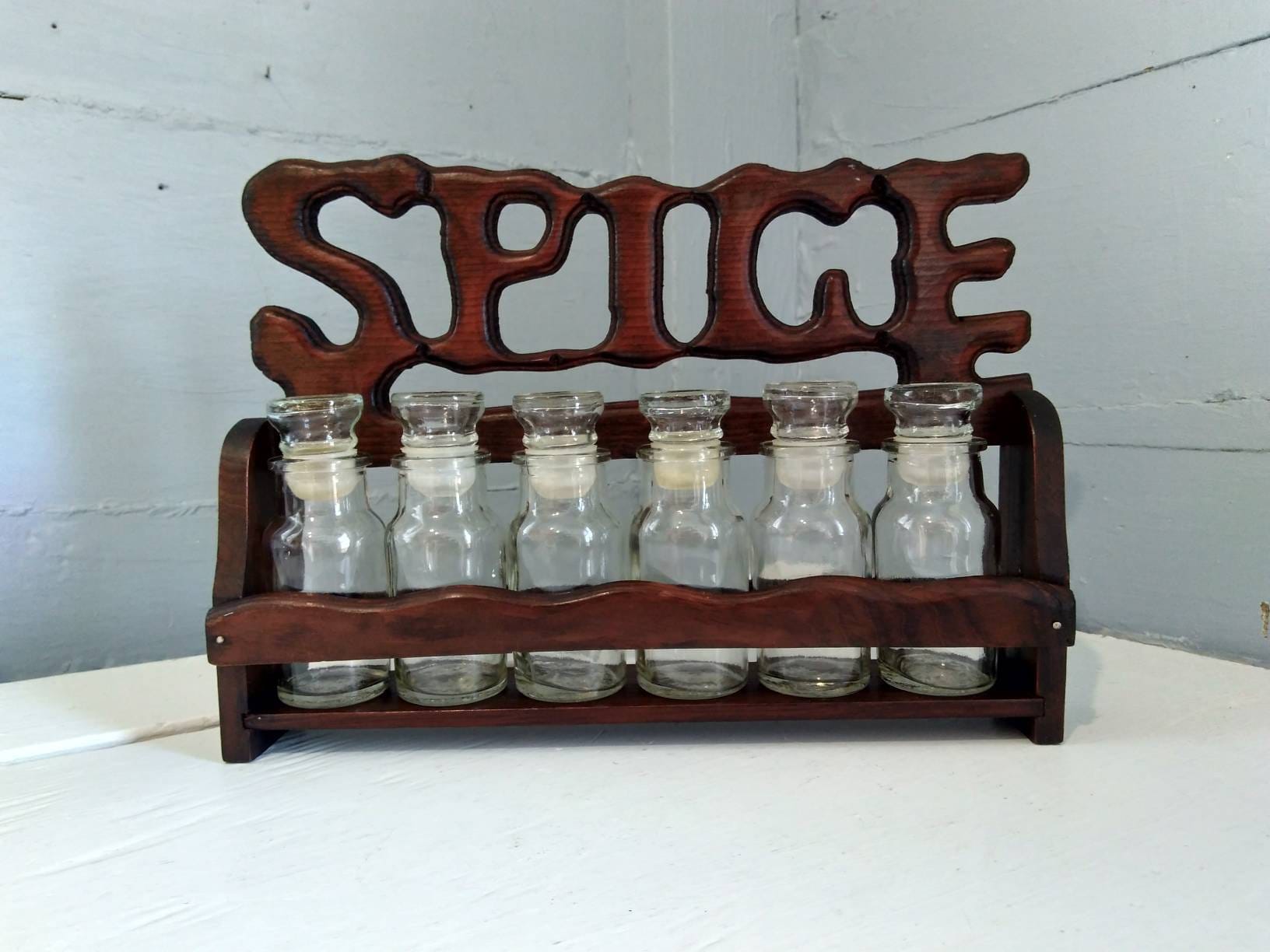 Vintage Glass Apothecary Spice Jars with wooden rack
